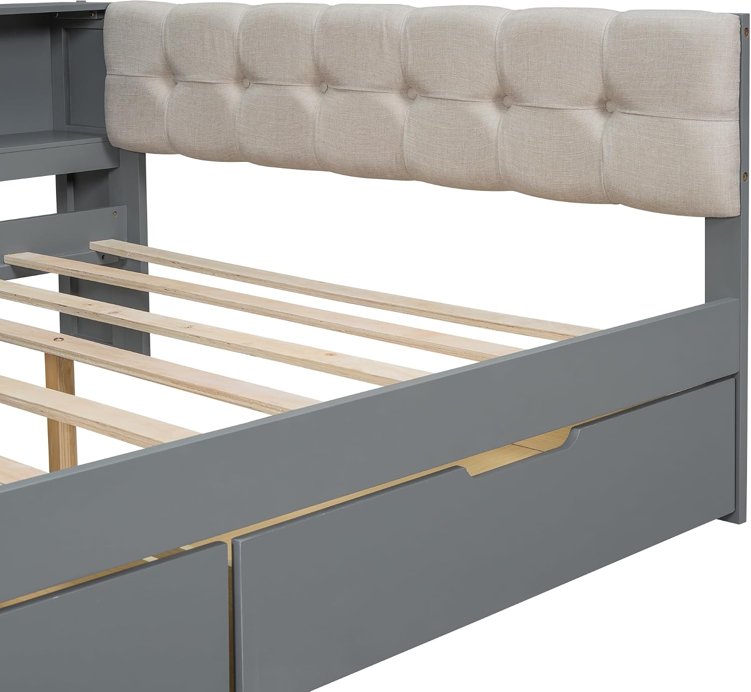 Bellemave Full Size Corner Bed Frame with Storage Drawers and Desk,Captain Daybed with L-Shaped Bookcase,Corner Bed Frame Full Size with Charging Station for Kids,Teens,Guests,Gray