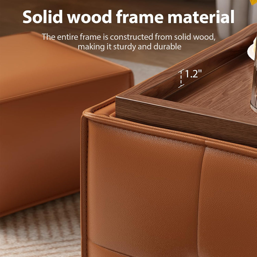 Square Ottoman with Storage Set of 2, Leather Coffee Table Ottoman, Multifunctional Foot Rest Stool with Storage for Living Room & Bedroom