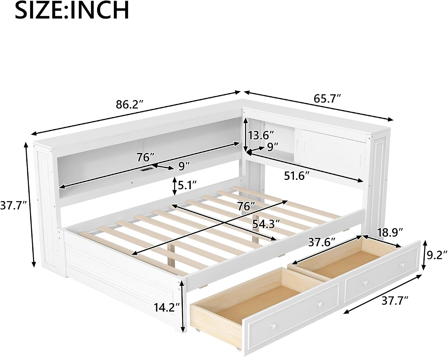 Full Size Daybed with Storage Drawers & Shelves,L-Shape Daybed with USB Charging Station & LED Light Strip for Kids Teens Adults,Wooden Corner Bed Frame with Slat Support for Bedroom,Guest Room,White
