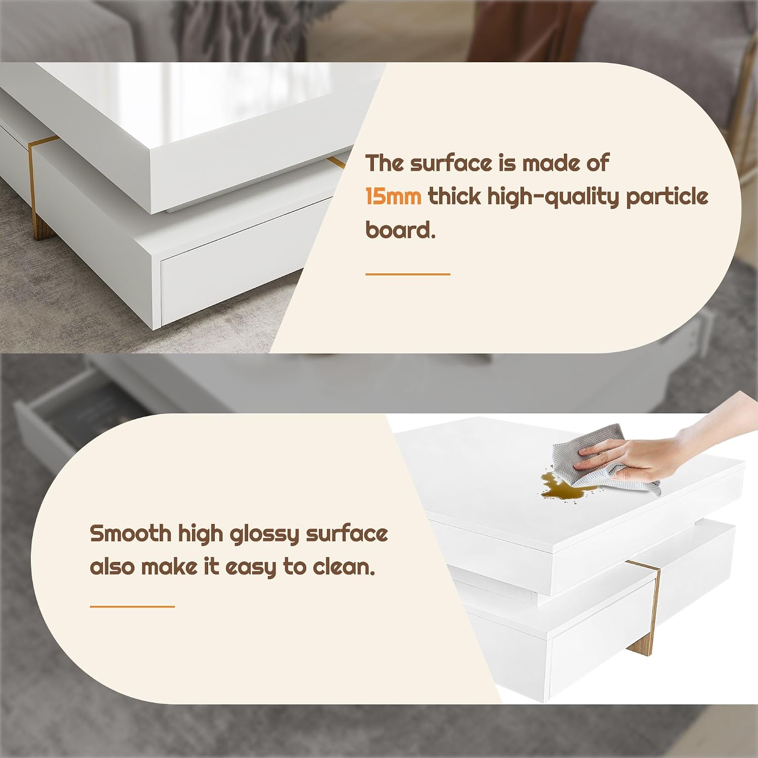 Modern Coffee Table with Storage, Contemporary Square Coffee Table with Drawers, High Gloss Modern Center Table for Living Room, Reception Room, Office, White, 31' D X 31' W X 11' H