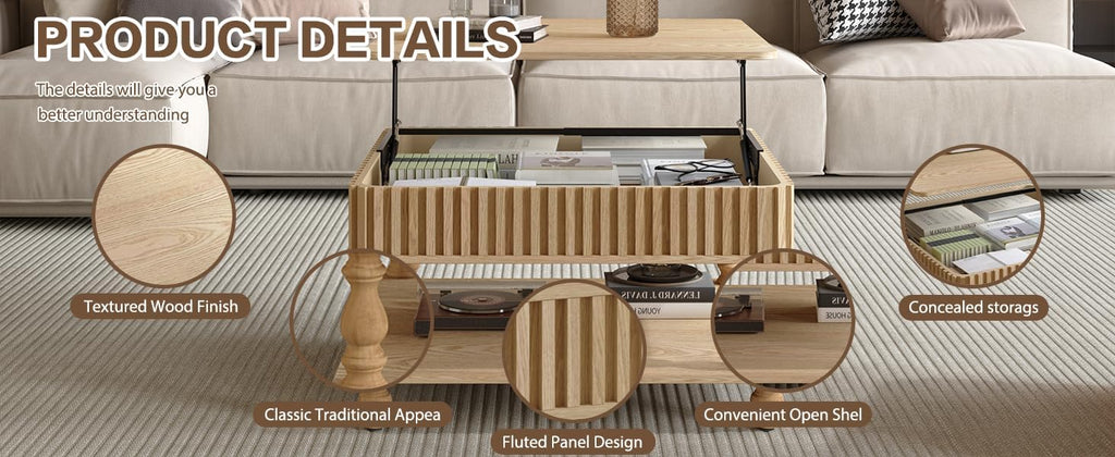 HARR Lift Top Square Coffee Table with Storage, 31.5'' Sofa Side End Table, Fluted Design Hydraulic Raising Mechanism, Hidden Compartment & Open Shelf, Retro Solid Wood Legs for Living Room, Natural