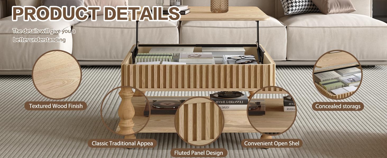 HARR Lift Top Square Coffee Table with Storage, 31.5'' Sofa Side End Table, Fluted Design Hydraulic Raising Mechanism, Hidden Compartment & Open Shelf, Retro Solid Wood Legs for Living Room, Natural