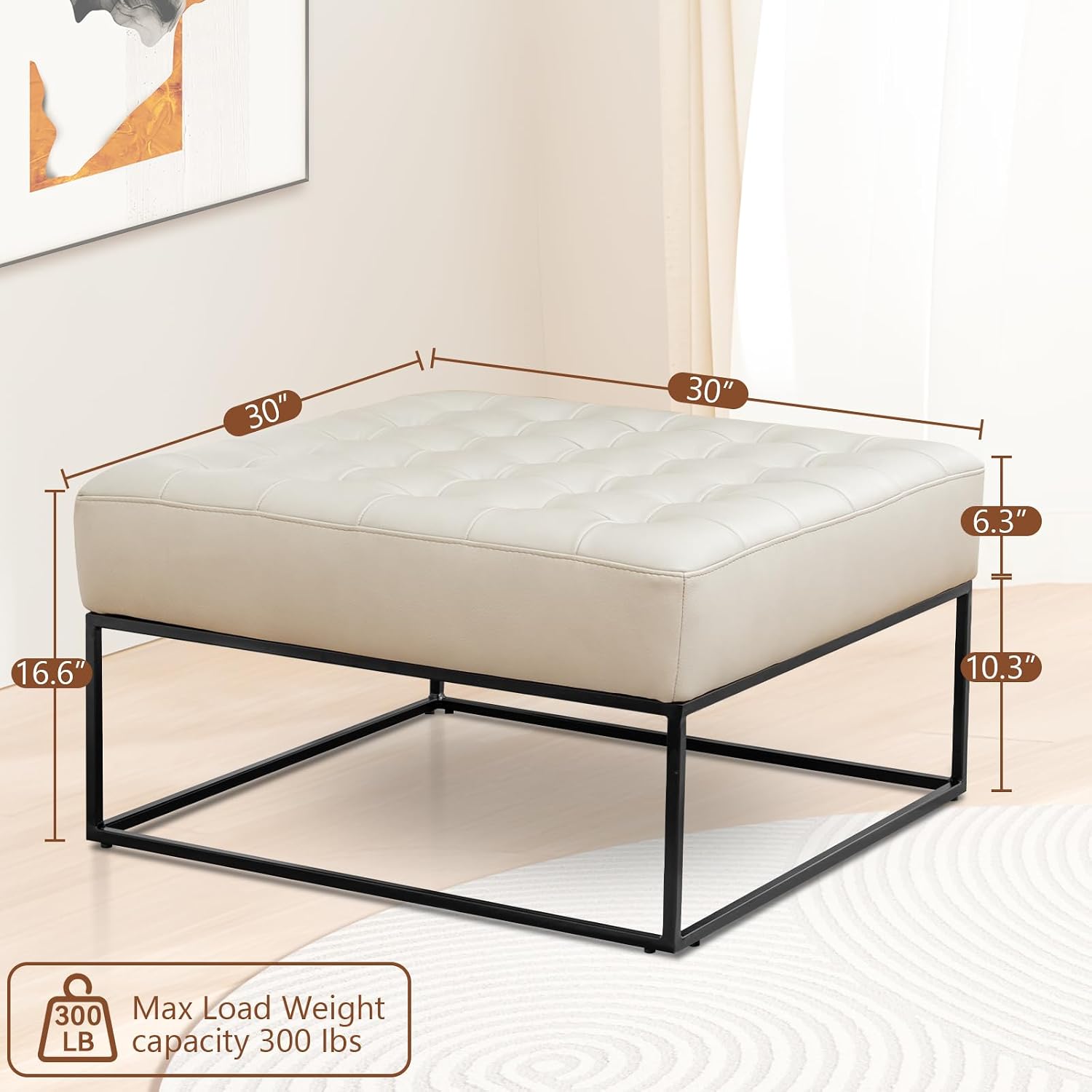 Modern Genuine Leather Square Coffee Table, 30'' Farmhouse Ottoman for Living Room, Large Vintage Genuine Leather Coffee Tables with Leather Upholstered Padded Seat Beige