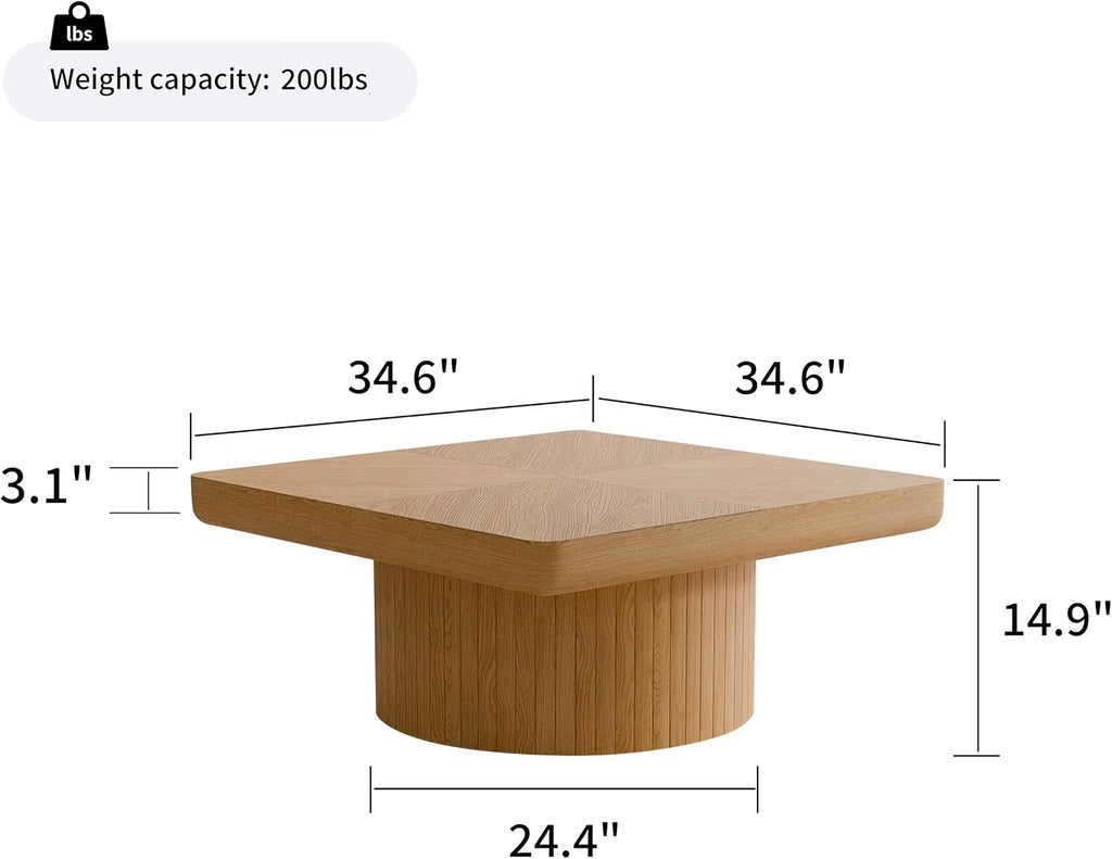 KEIKI 34.6' Square Coffee Table, Wood Table with Thick Parquet Veneer Top, Cylindrical Base Modern Coffee Table for Living Room, Office or Side Table, Natural Wood