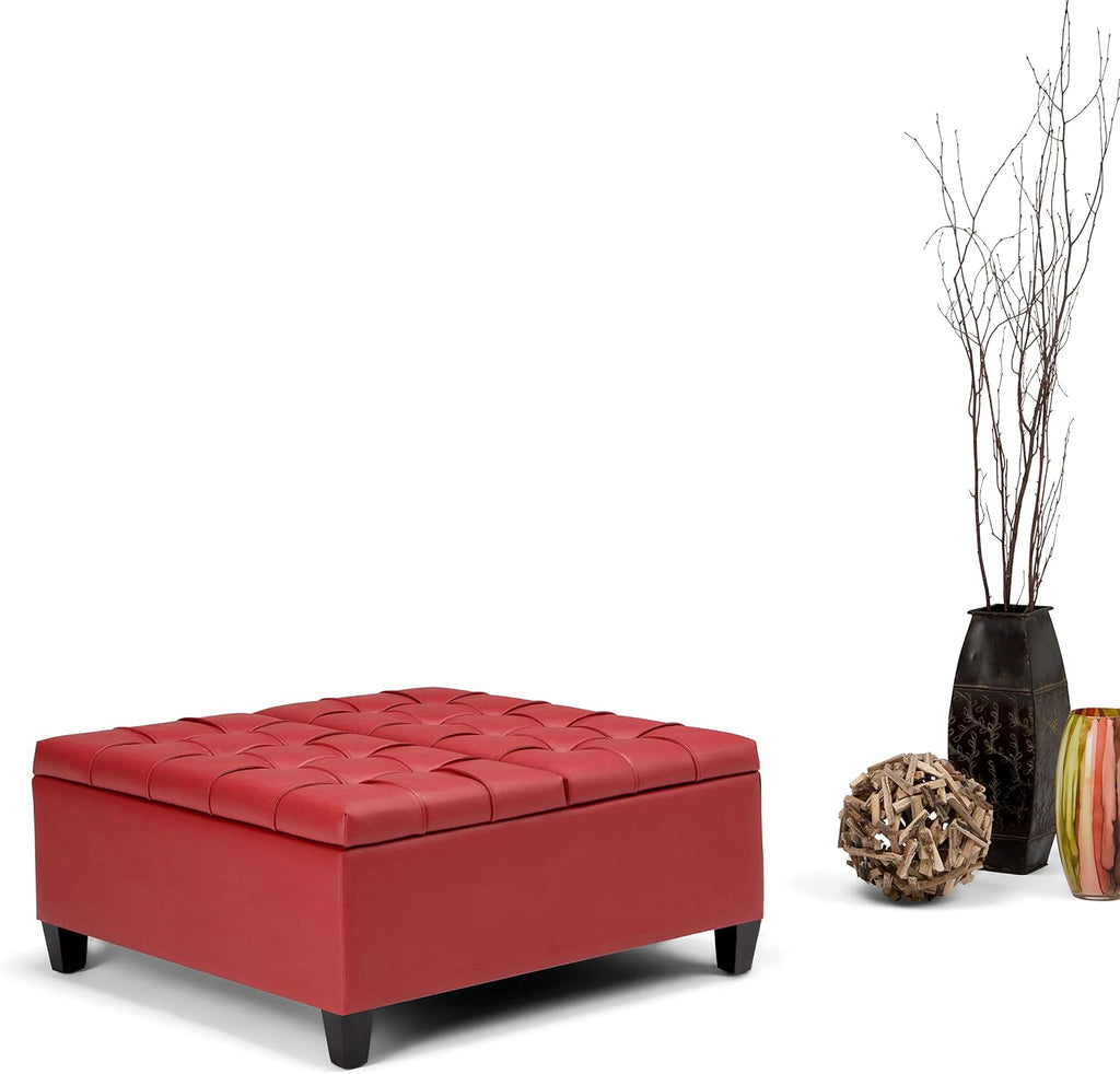 SIMPLIHOME Harrison Coffee Table Storage Ottoman - 36 inch Wide Upholstered Vegan Leather Square Lift-Top Ottoman in Crimson Red, Transitional Ottoman for Living Room with Hidden Storage