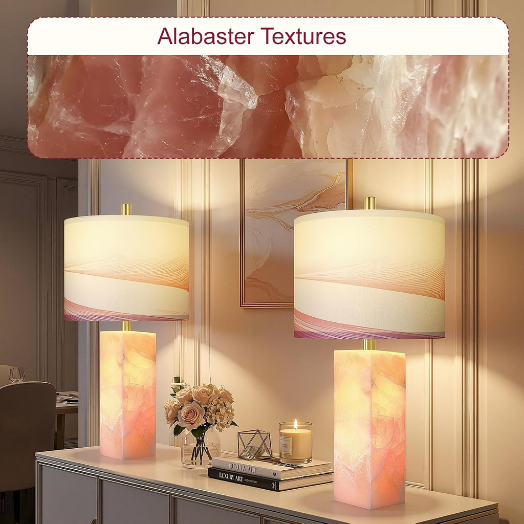 Scenekoy 23' Alabaster Table Lamp Set of 2 with Night Light for Bedroom Living Room, Rotary Switch, Pink Modern Table Lamp with Linen Shade, Nightstand Lamps for Room Bedside Office (Bulb Included)