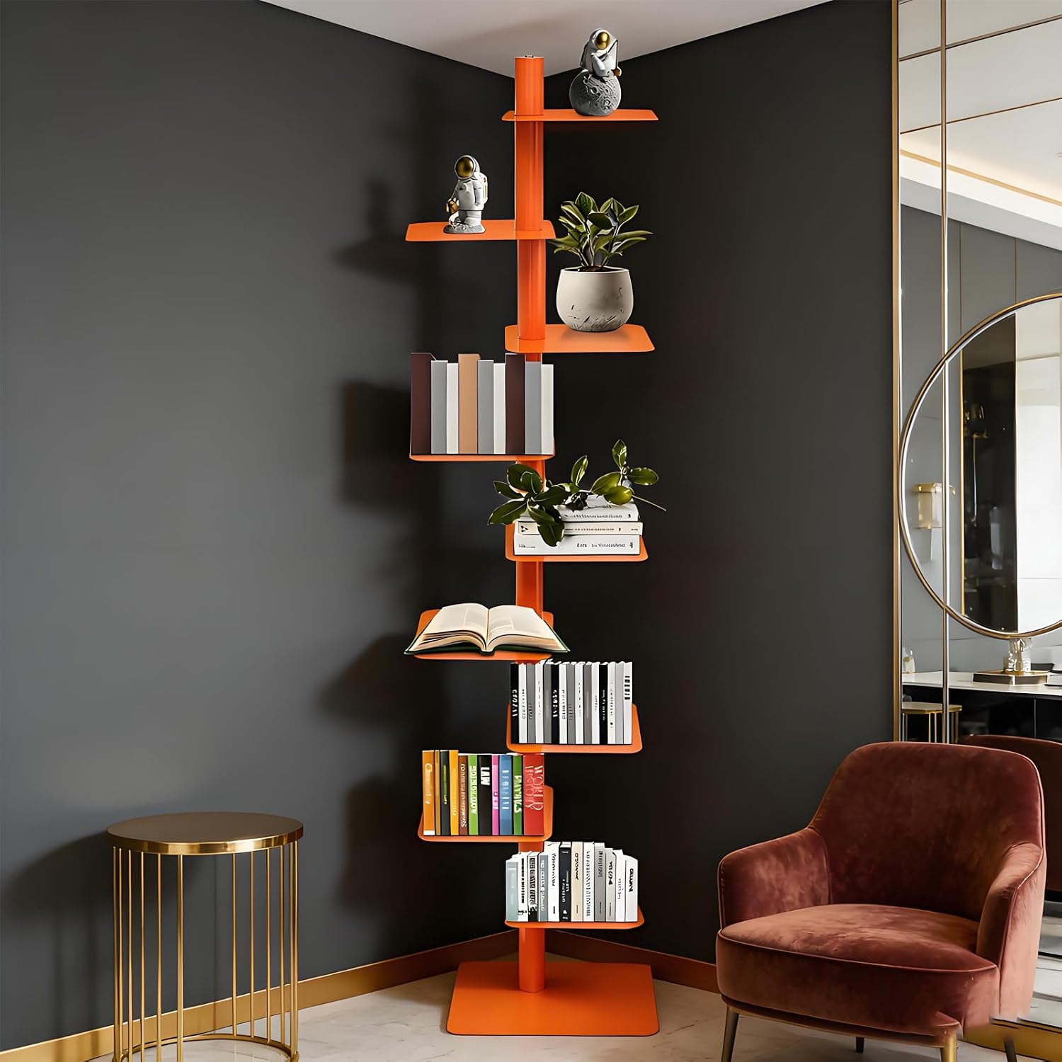 Rotating 9-Tier Bookshelf, Metal Spine Book Tower with 360° Spin, Tall Narrow Corner Bookcase, Floor Standing Storage Shelf for Bedroom, Living Room, Home Office Orange