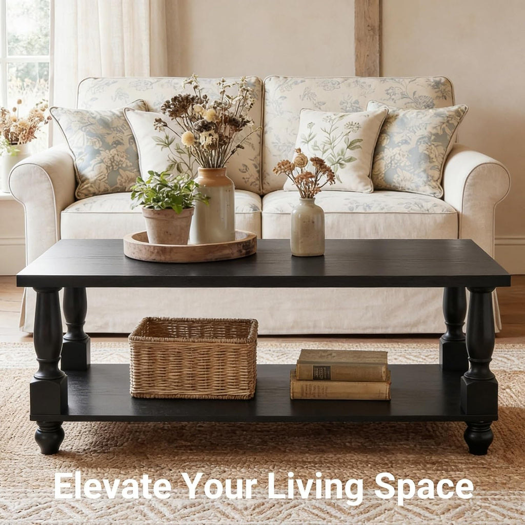 Homieasy Farmhouse Coffee Table with Storage, 47' Rectangular Living Room Center Table with Solid Wood Legs and Thickened Top, 2-Tier Wood Coffee Table with Turned Legs, Easy Assembly, Black