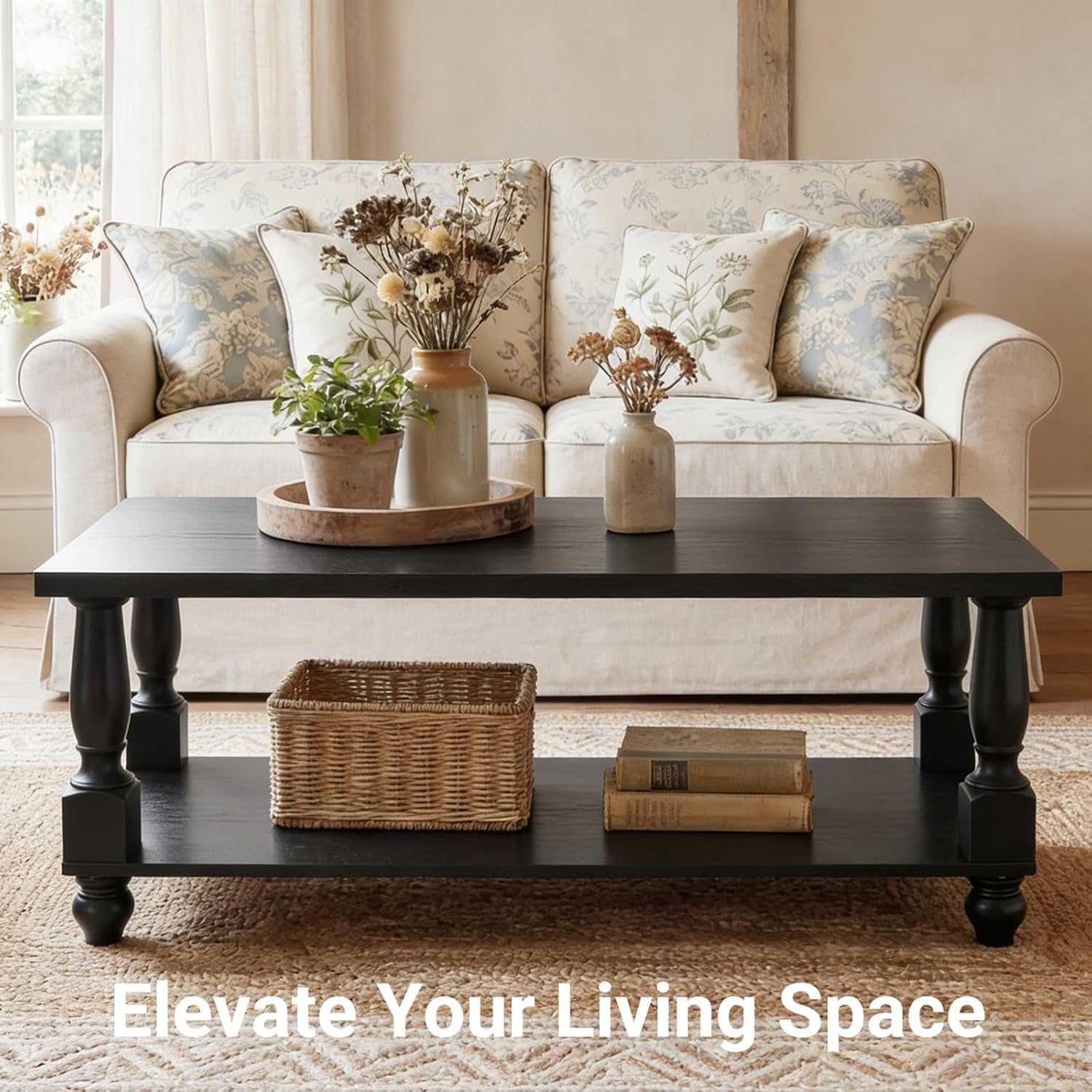 Homieasy Farmhouse Coffee Table with Storage, 47' Rectangular Living Room Center Table with Solid Wood Legs and Thickened Top, 2-Tier Wood Coffee Table with Turned Legs, Easy Assembly, Black