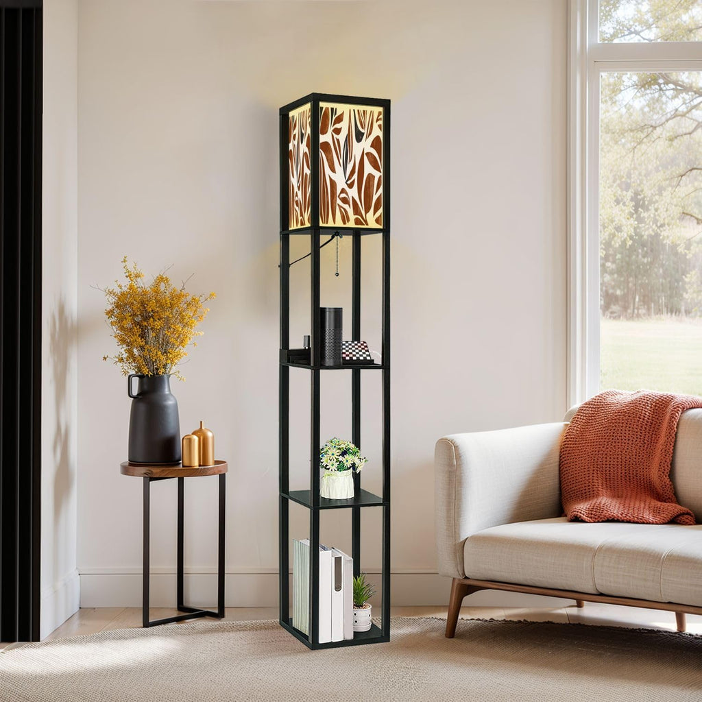 Floor Lamp with Shelves Hand drawn minimal abstract autumn pattern Collage contemporary print Standing Tall Lamp USB Ports & Power Outlet Modern Corner Lamp Nightstand Light for Living Room Bedroom