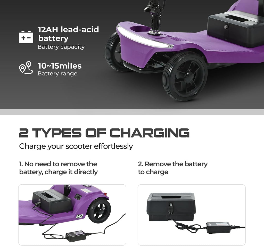 Mobility Scooters for Seniors & Adults 350 Lb Weight Foldable,All-Terrain 4-Wheel Powered Scooter,Lightweight Foldable Disability Electric Wheelchair,Front Rear Led Lights with Basket,Purple