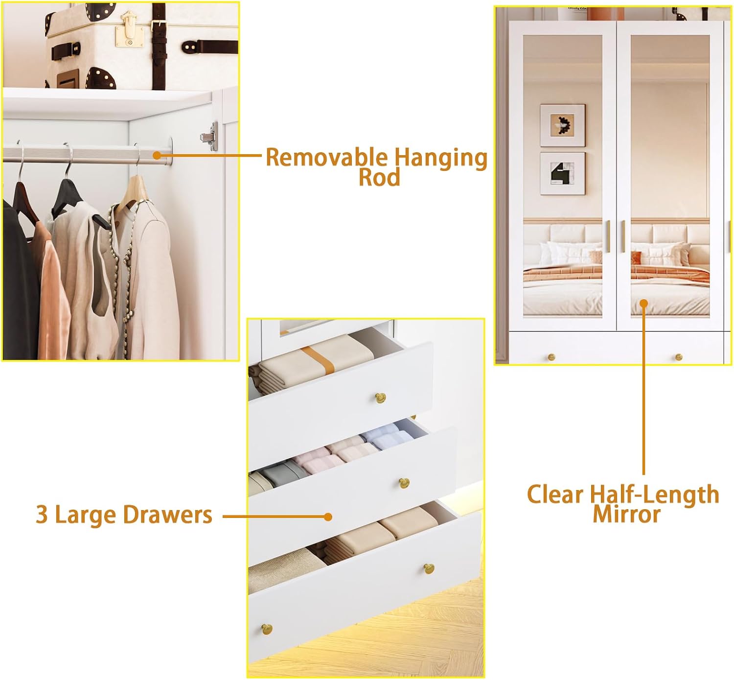 3 Doors LED Wardrobe Closet, 75' Tall Modern Armoire with Mirror & 3 Drawers, Wooden Armoire Wardrobe Closet for Bedroom, Hanging Rod, Freestanding Clothing Storage Cabinet, White