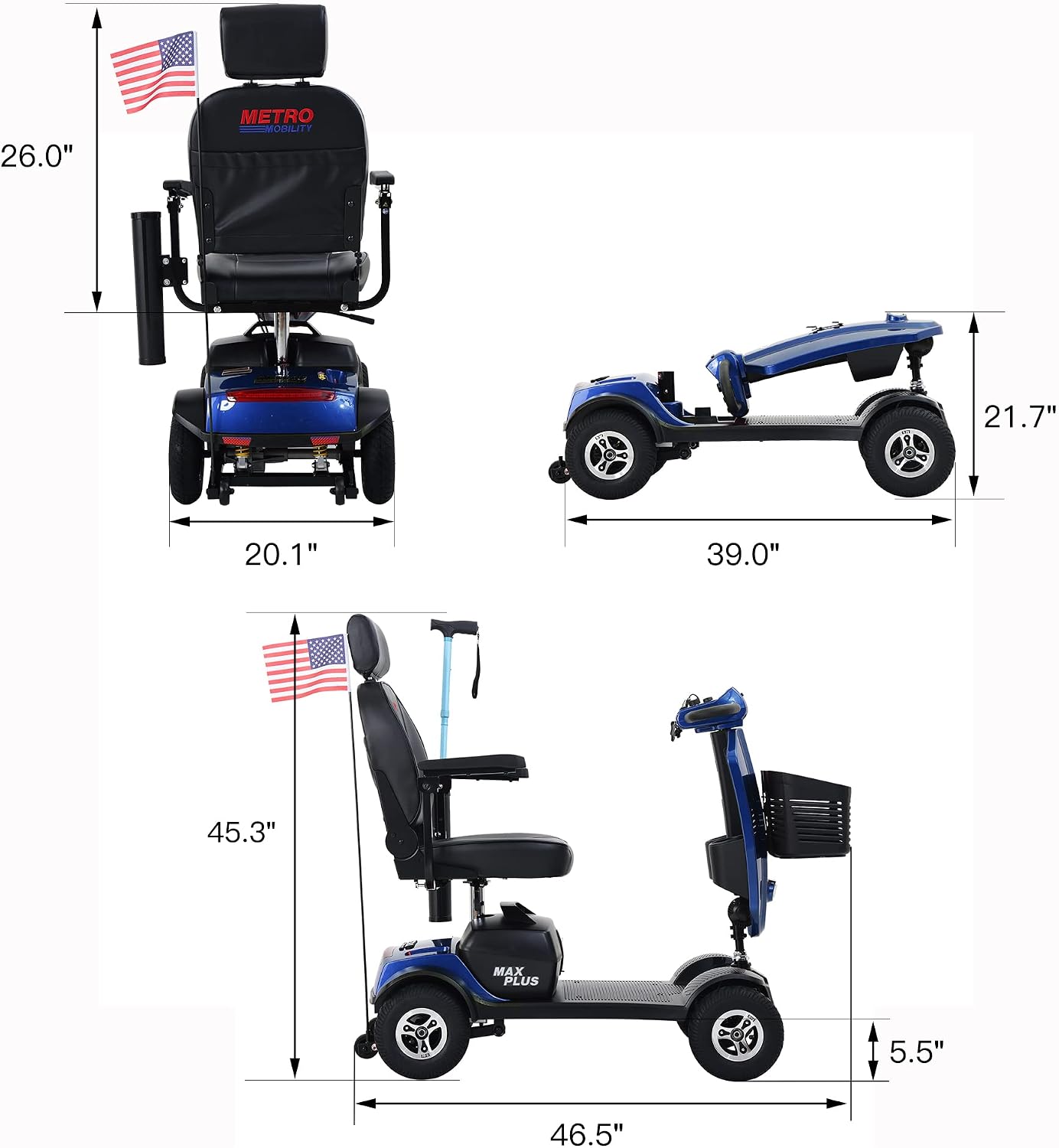 Metro Mobility 4 Wheel Powered Mobility Scooters for Seniors - 300 lbs Capacity Electric Scooter with Seat for Adults, Travel - Long Range Power Extended Battery & Crutch Box - Blue