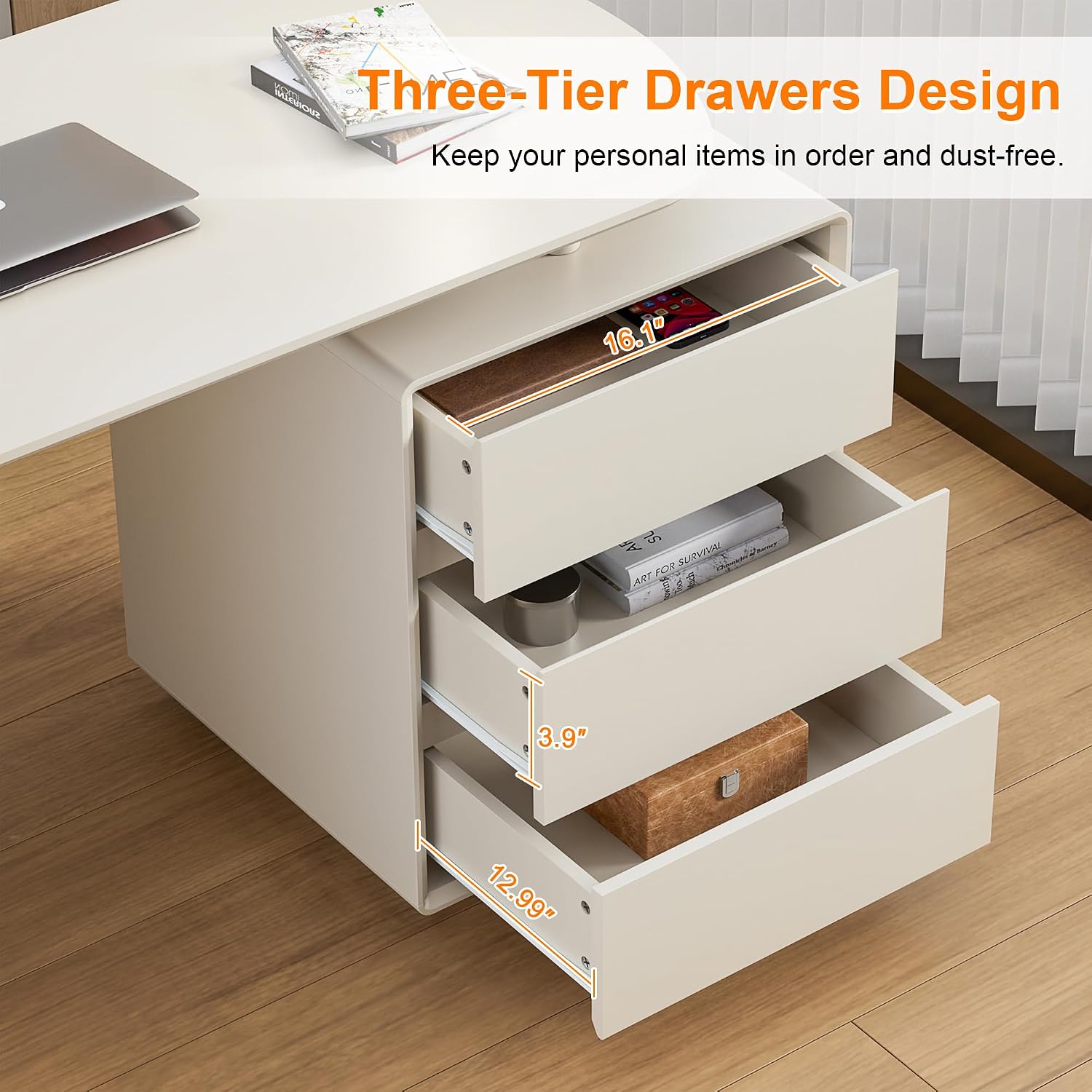 Qulomvs Desk with Drawers, 55inch Home Office White Desk with Drawers and Storage Shelves, Cream White Modern Simple Style Laptop Desk, Work Study Writing Table Workstation for Home Office