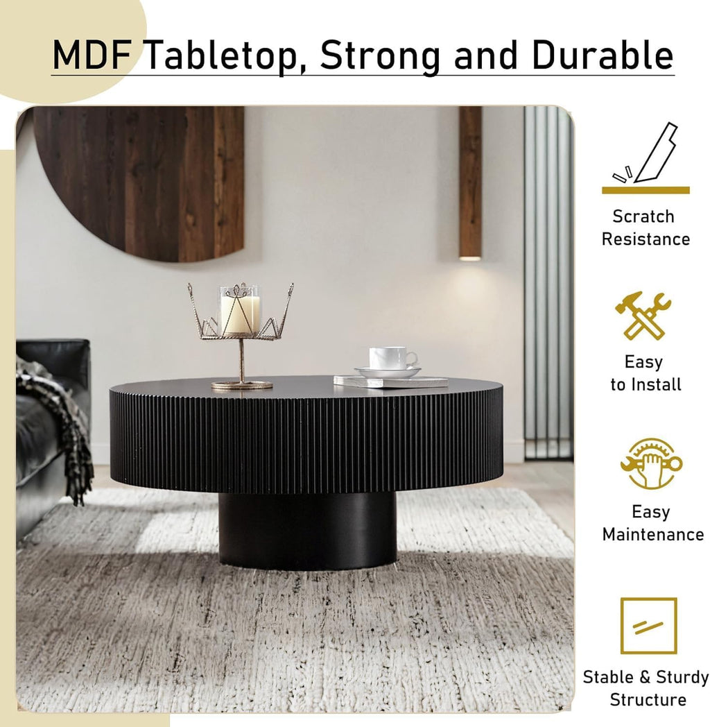 Round Fluted Coffee Table Mid Century Modern Coffee Tables with Handcrafted Relief Circle Drum End Table Rustic Industrial Center Tables for Apartment Living Room (Black Round Thick)