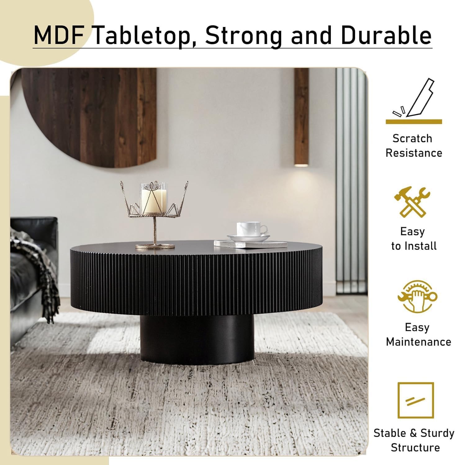Round Fluted Coffee Table Mid Century Modern Coffee Tables with Handcrafted Relief Circle Drum End Table Rustic Industrial Center Tables for Apartment Living Room (Black Round Thick)