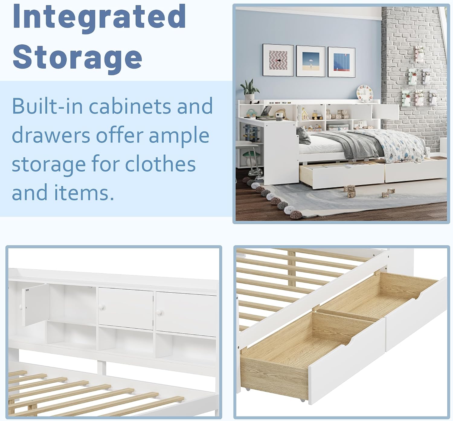 Mirightone Full Bed Frames with Storage, L-Shaped Corner Beds with Desk, Wood Daybed with Bookcase, Platform Beds with Drawers and Shelves for Living Room, Bedroom, Teens Room, White