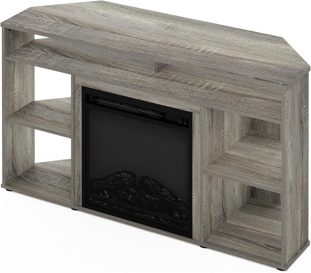 HomeStock Electric Fireplace TV Stand - Corner Entertainment Center for TVs up to 55 Inch French Oak Grey/Corner with Top Shelf