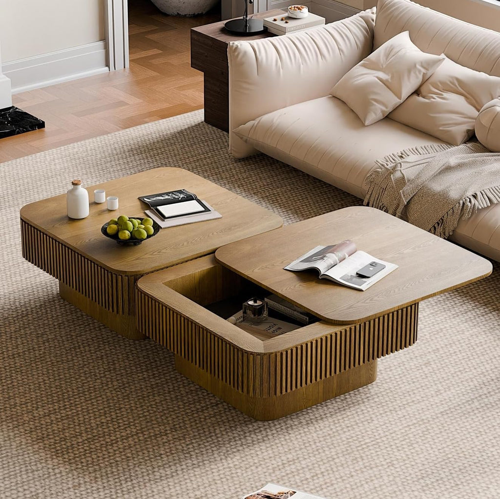Square Coffee Table for Living Room,Fluted Drum Accent Tea Center Table with Storage,Solid Wood Modern Coffee Tables for Small Space Office Apartment (31.5' L×31.5''W×14''H-Brown)