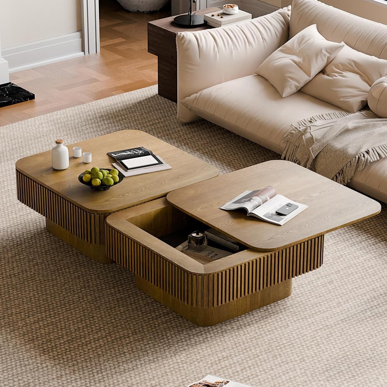 Square Coffee Table for Living Room,Fluted Drum Accent Tea Center Table with Storage,Solid Wood Modern Coffee Tables for Small Space Office Apartment (31.5' L×31.5''W×14''H-Brown)