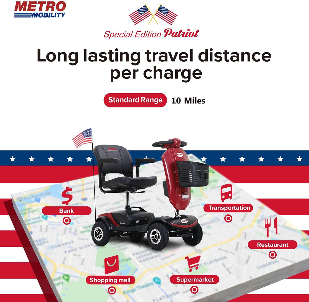 Metro Mobility 4 Wheel Powered Mobility Scooters for Seniors - 300 lbs Capacity Electric Scooter with Seat for Adults, Travel - Long Range Power Extended Battery & USB Charging Port - Red