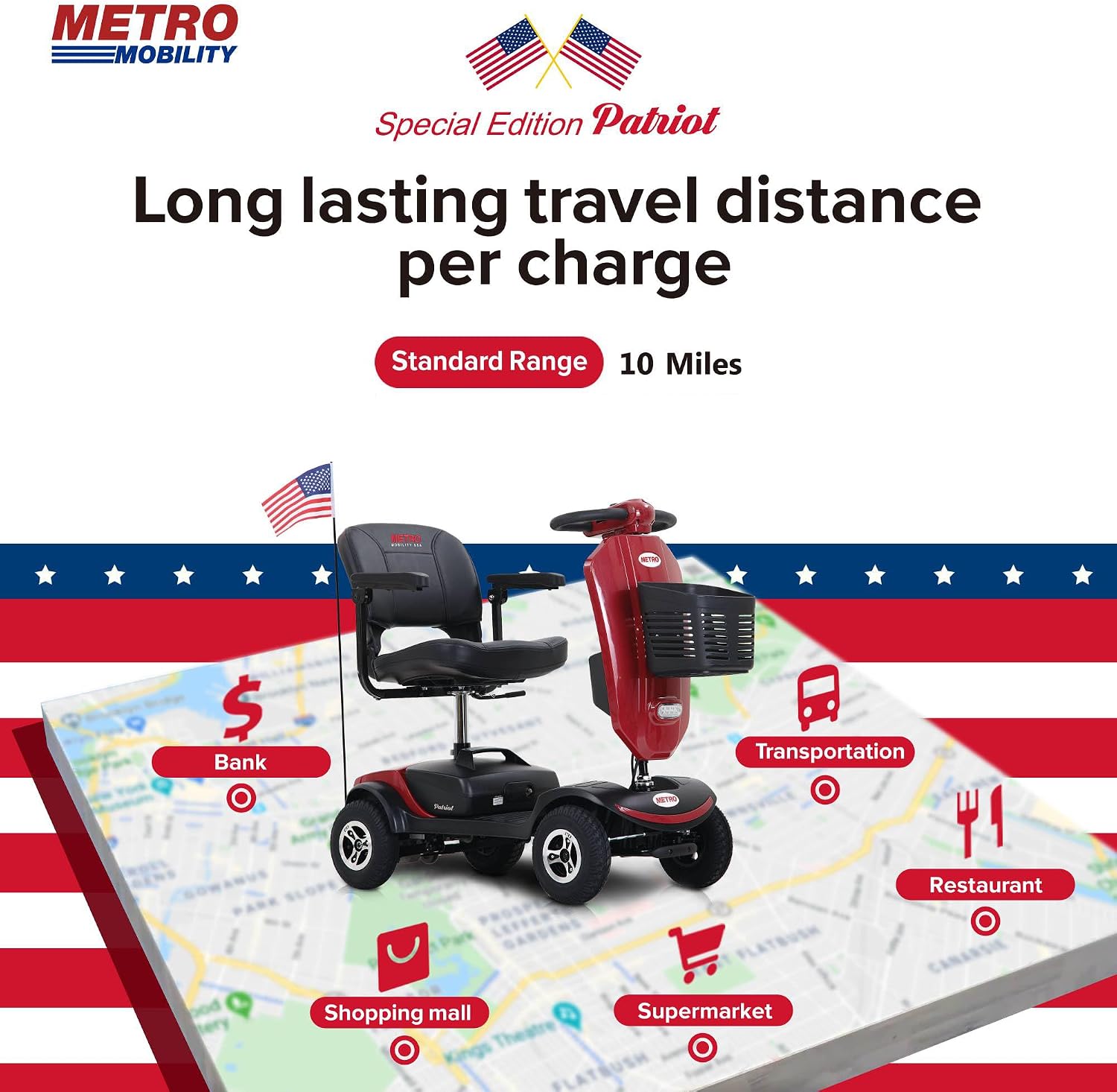 Metro Mobility 4 Wheel Powered Mobility Scooters for Seniors - 300 lbs Capacity Electric Scooter with Seat for Adults, Travel - Long Range Power Extended Battery & USB Charging Port - Red