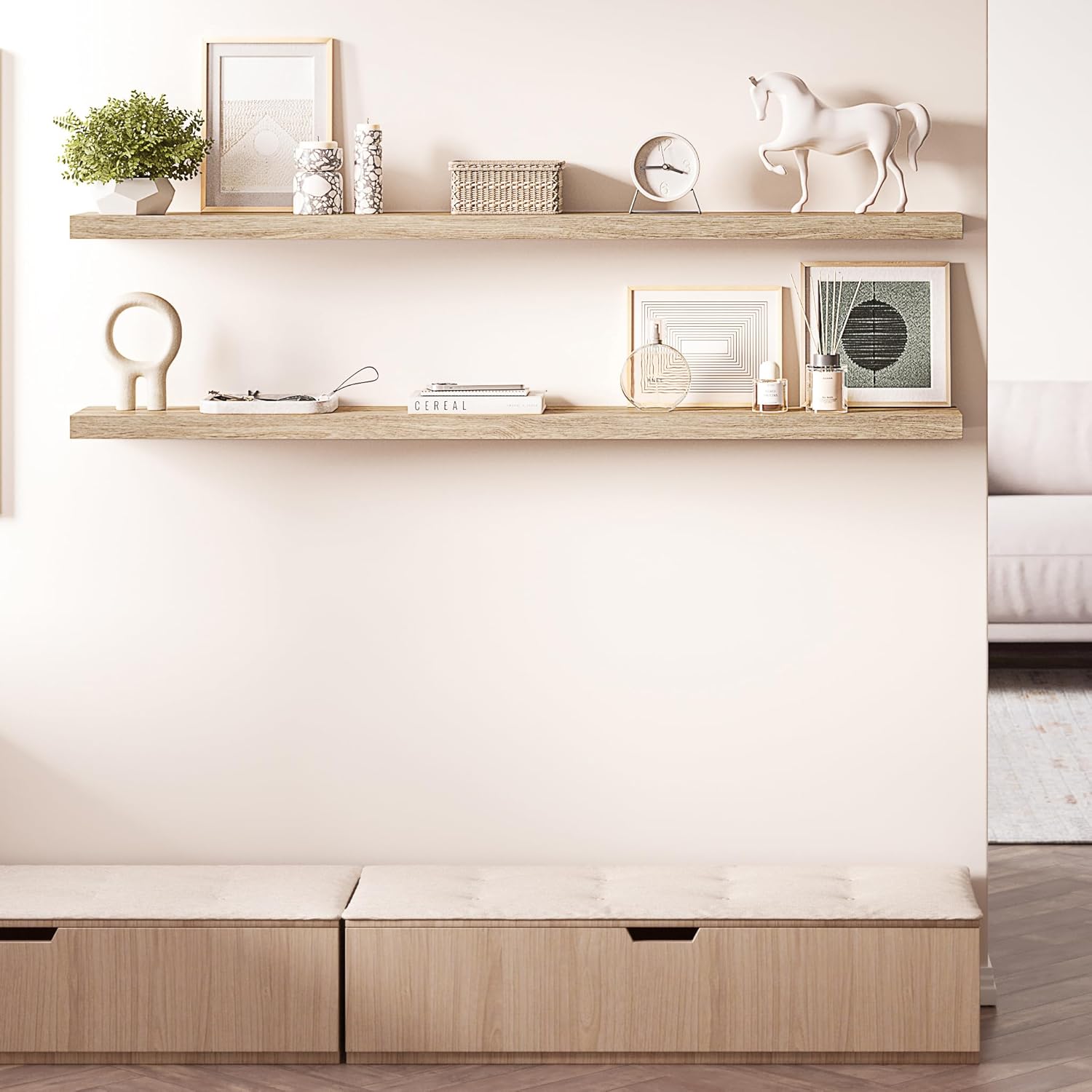 Ballucci Floating Shelves for Wall, 60' Wood Wall Shelf Set of 2, with Invisible Brackets for Bathroom, Living Room, Bedroom, Kitchen, Nursery, 8' Deep, Oak Finish