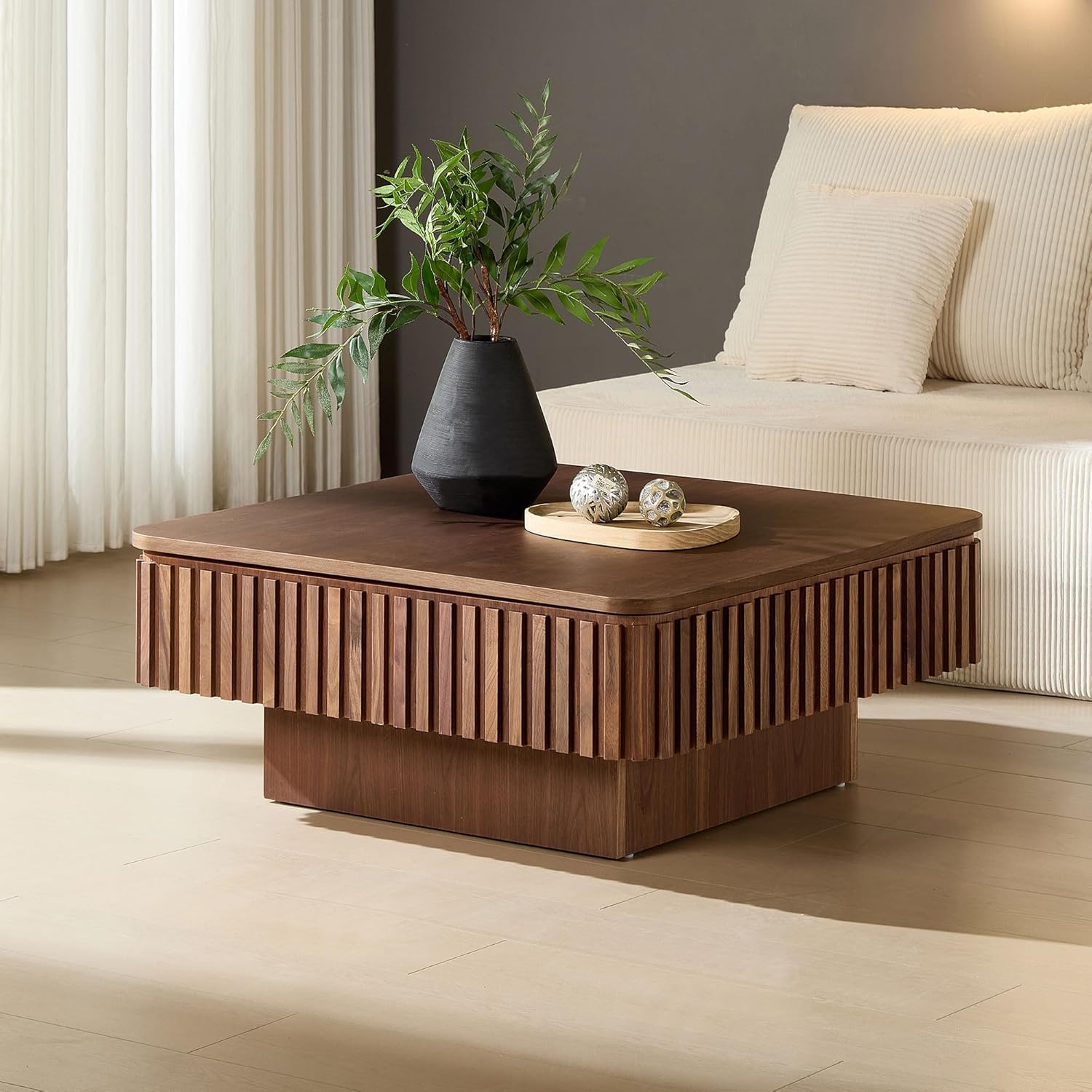 Square Coffee Table with Lift Top for Living Room Lift Up Coffee Table with Storage Fluted Coffee Tables Mid Century Modern Center Tables for Apartment 35.43'' Walnut