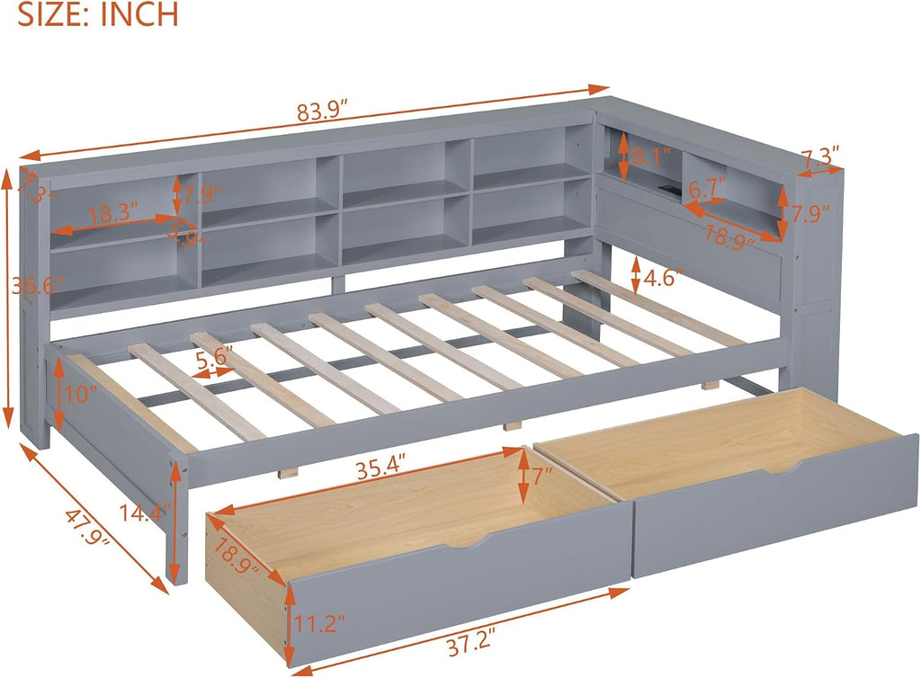 Twin Size Daybed with Storage Drawers and L-Shaped Bookcase Headboard, Wood Corner Bed Frame with Charging Station and Shelves for Kids Boys Girls, Grey