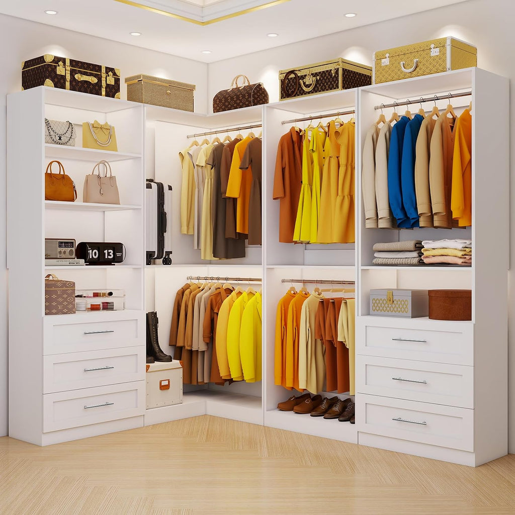 Closet System of 4 Sets with 6 Drawers, 101.9' Walk in Corner Closet System with 9 Hanging Rods & Adjustable Shelves, Custom L-Shaped Modular Closet Organizer System Wood Corner, White