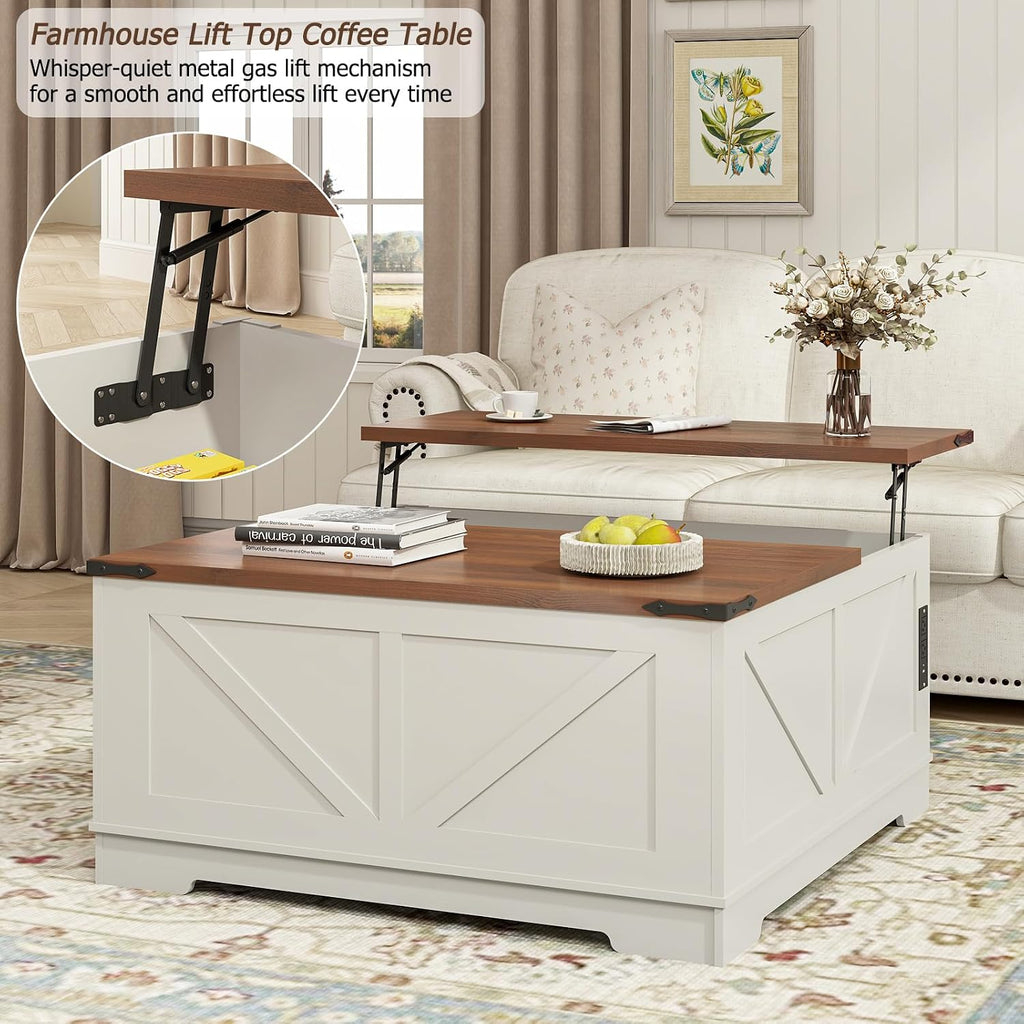 EAG 40' Large Farmhouse Lift Top Coffee Table with Hidden Compartment & Power Outlets, Square Wooden Coffee Table with Multi-Function Flip-Top Ample Storage Center Table for Living Room, White