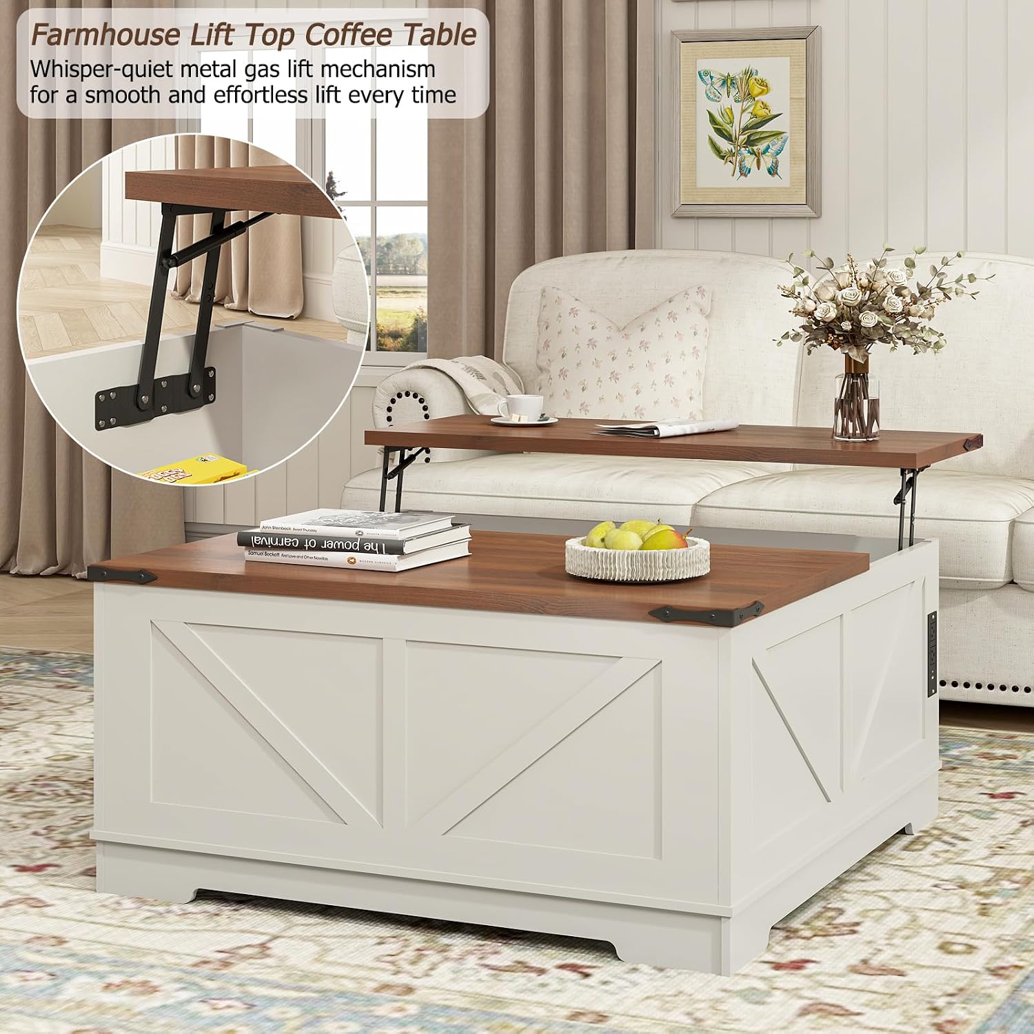 EAG 40' Large Farmhouse Lift Top Coffee Table with Hidden Compartment & Power Outlets, Square Wooden Coffee Table with Multi-Function Flip-Top Ample Storage Center Table for Living Room, White