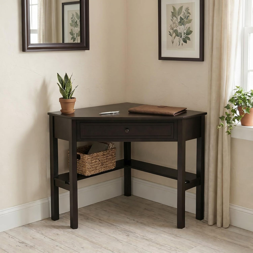 Ellen Wood Small Corner Desk with Wooden Knob Storage Drawer and Shelf – Compact Computer Table for Home Office, Bedroom, or Study, Espresso