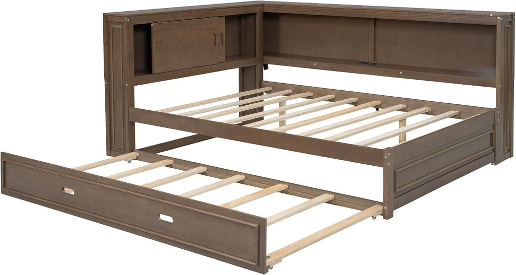 Full Size Daybed with Trundle and Storage Shelves,Antique Wood | Convertible Headboard,L-shaped Bookcase,Charging Station,LED Lights,for Kids Boys Girls Teens