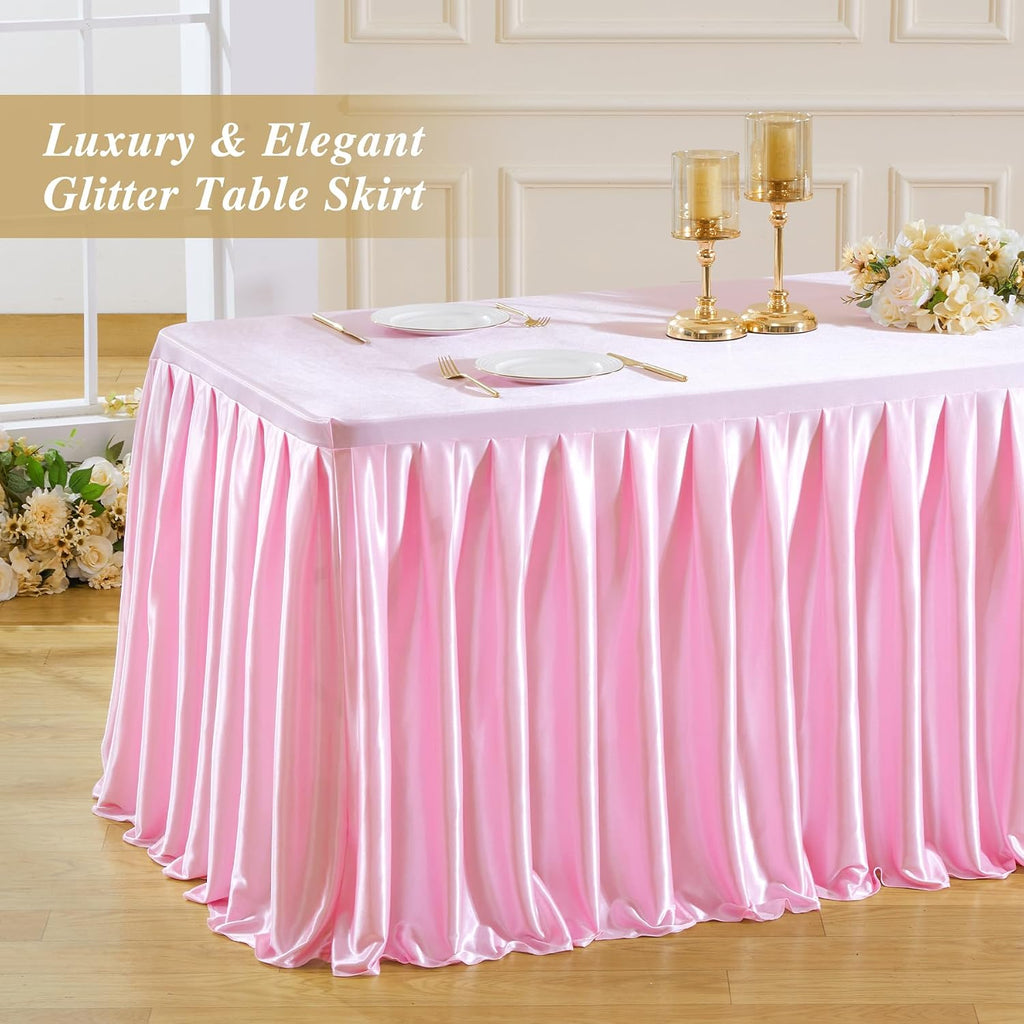 8 Pack 6FT Pink Satin Tablecloths for Rectangle Tables - Shiny Spandex Party Table Cover with Pleated Table Skirt, No-Wrinkle & Glossy Wedding Tablecloth One-Piece for Birthday Baby Shower Ceremony