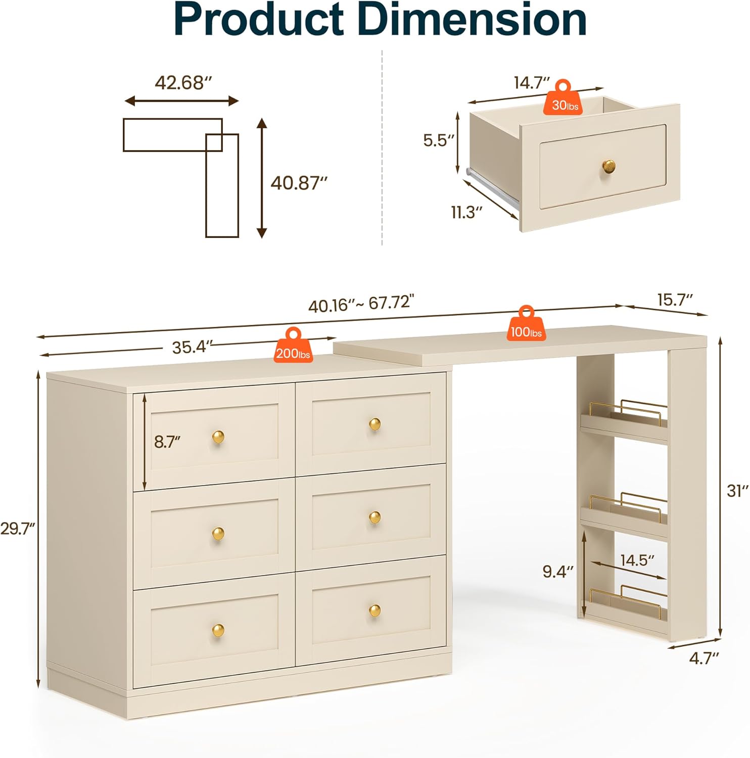 RoyalCraft Extendable Vanity Desk and Dresser Combo, 67' Makeup Vanity Table with Drawers and 3 Side Shelves, Wood Dressing Table for Bedroom, Dressing Room, Beige