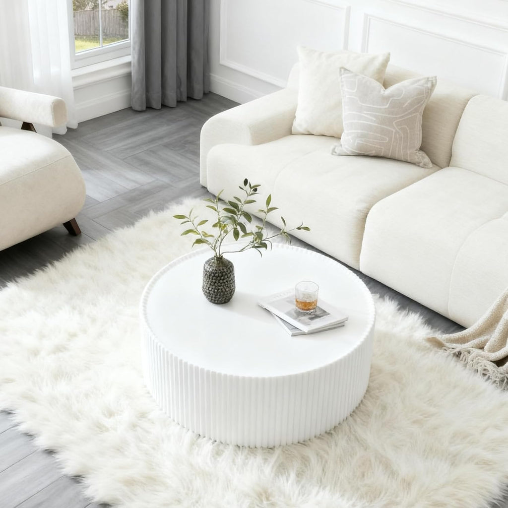 White Round Coffee Table with Sintered Stone Tabletop, 29.52' Drum Coffee Table with Fluted PU Leather Covered and Stable Base, Circle Cocktail Tea Table for Living Room