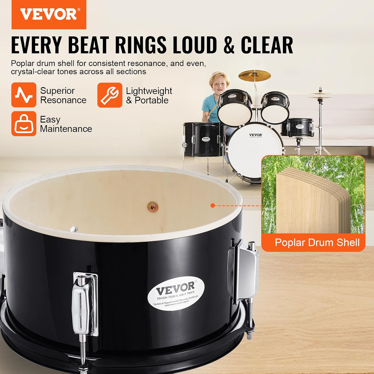 VEVOR Kids Drum Set, 5 Piece 16in Beginner Youth Full Drum Set with Bass Toms Snare Floor Drum Adjustable Throne Cymbal Hi-Hat Pedal and Two Pairs of Drumsticks, Starter Drum Kit for Child Kids, Black