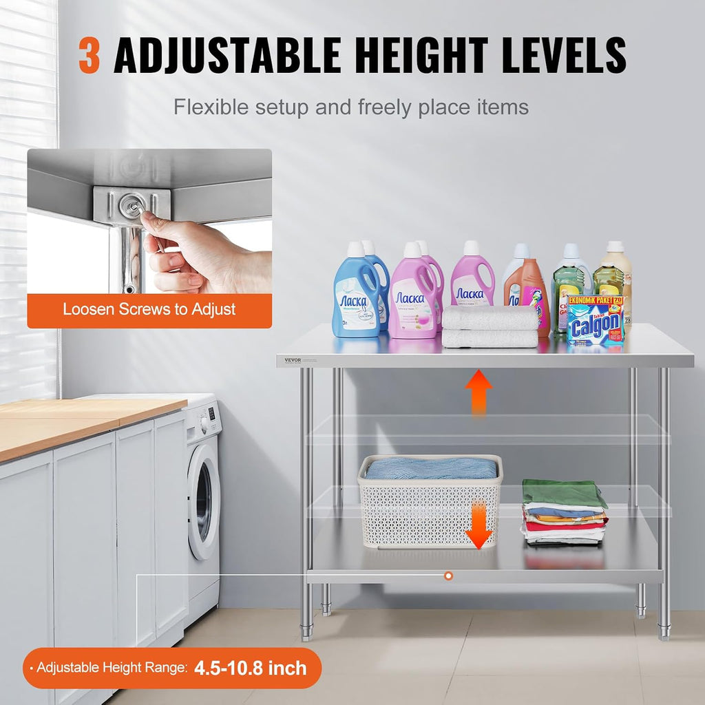VEVOR Stainless Steel Prep Table, 30 x 48 x 34 Inch, 880 lbs Load Capacity, Heavy Duty Metal Worktable with 3 Adjustable Height Levels, Commercial Workstation for Kitchen Garage Restaurant Backyard