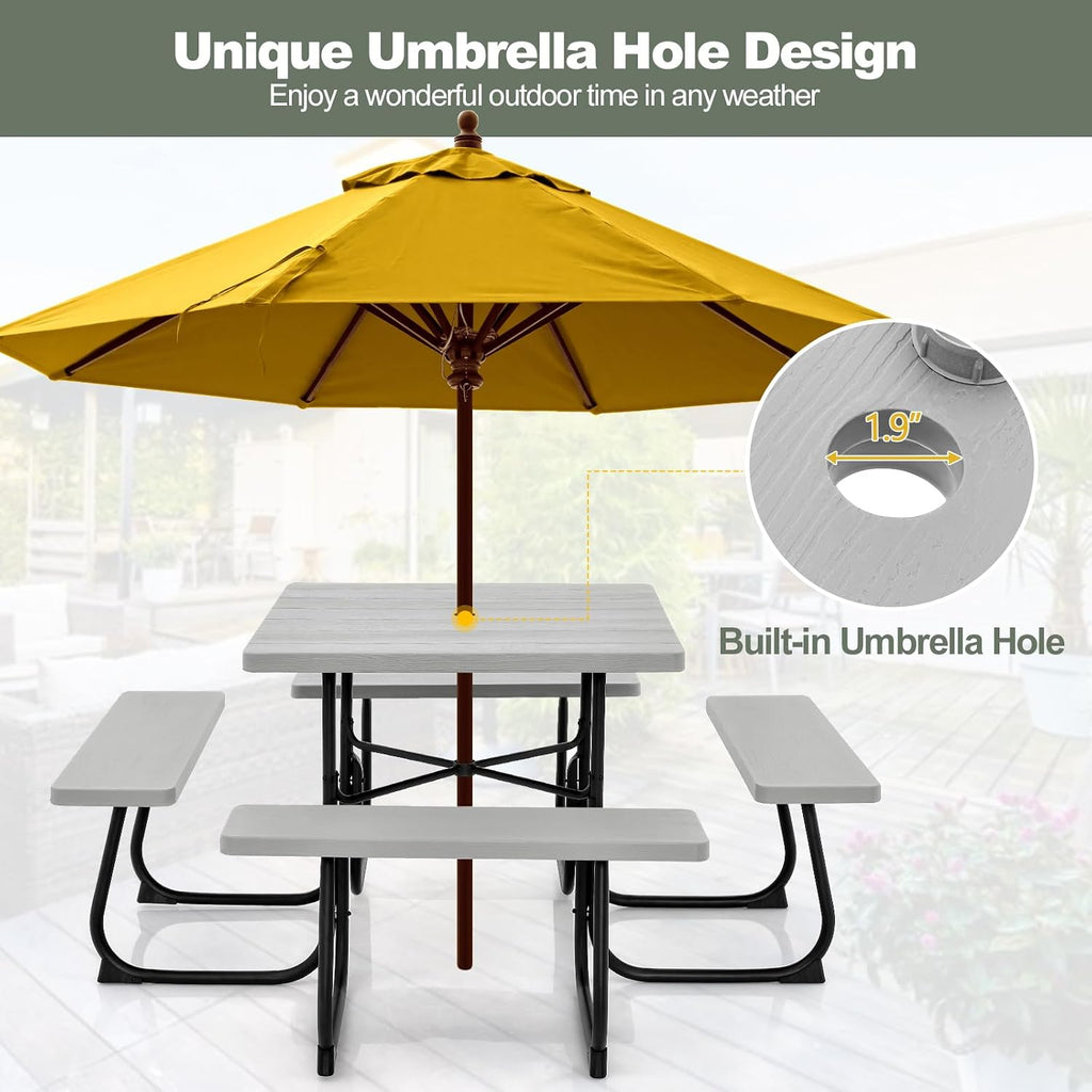 Tangkula 8 Person Picnic Table, Outdoor Square Picnic Table with 4 Built-in Benches, Umbrella Hole, Metal Frame & HDPE Tabletop, Outside Table and Bench Set for Backyard, 2300lbs Weight Capacity