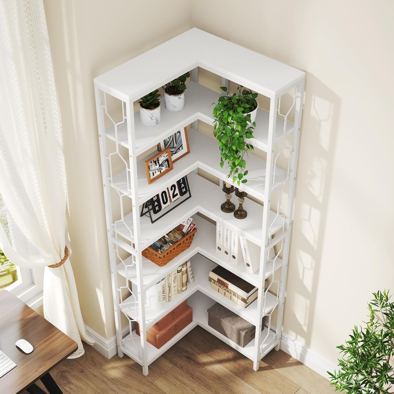 Tribesigns 7-Tier Corner Shelf, 78.7' Tall Bookshelf with Storage, Corner Bookshelf and Bookcase, Industrial Display Shelf, Large Bookcase for Living Room, Bed Room, Home Office (White)
