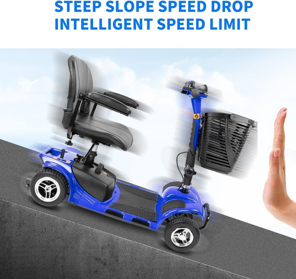 FERBAM 4 Wheel Mobility Scooter, Electric Power Mobile Wheelchair for Seniors Adult with Lights Collapsible and Compact Duty Travel Scooter w/Basket and Extended Battery Blue 1.0 Count