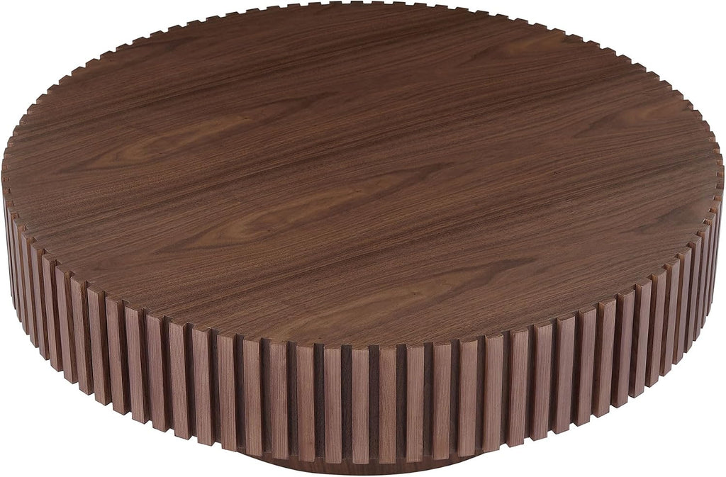 31.49'' Round Coffee Table Modern Wood Coffee Table for Living Room, Contemporary Circle Fluted Drum Style, Easy Assembly, Walnut (ø31.49'' x 13.77'')
