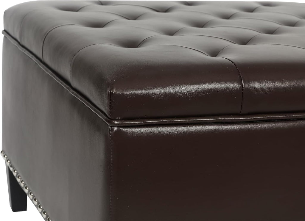 Joveco Storage Ottoman Square Leather Bench, Tufted Large Coffee Table with Wood Legs for Living Room Bedroom Entryway (Dark Brown)