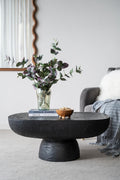 WILLIAMSPACE 36' Oval Coffee Table, Modern Faux Stone Circle Center Table Accent End Side Table for Living Room, Magnesium Oxide, Black