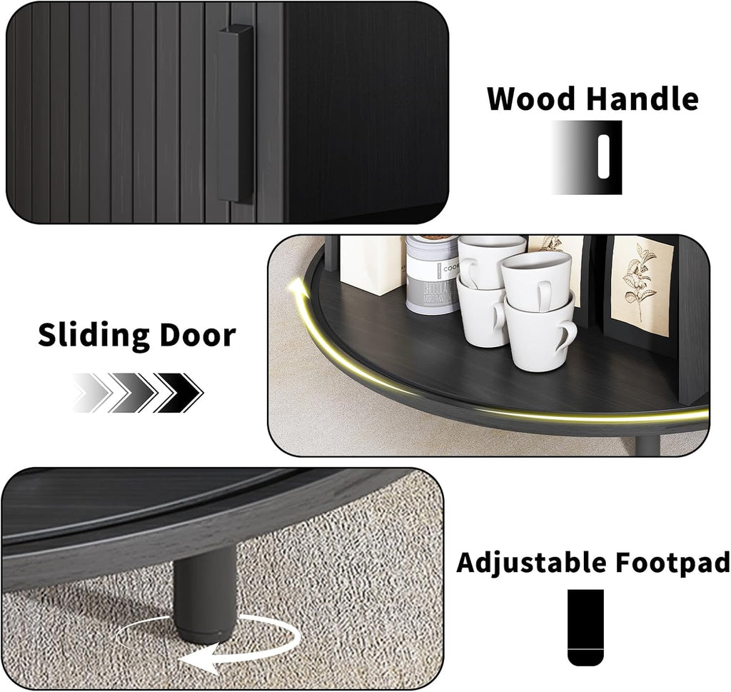 31.5 Inch Round Coffee Table, Fluted Coffee Tables with Storage, Mid-Century Modern Center Tables, Living Room Table with Sliding Door and Wood Handle for Living Room, Black