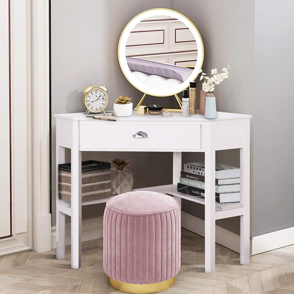 POWERSTONE Corner Desk for Small Space Triangle Computer Writing Desk Corner Makeup Vanity Table with Storage Drawer & Shelf for Home Office, Workstation, Living Room, Bedroom,White