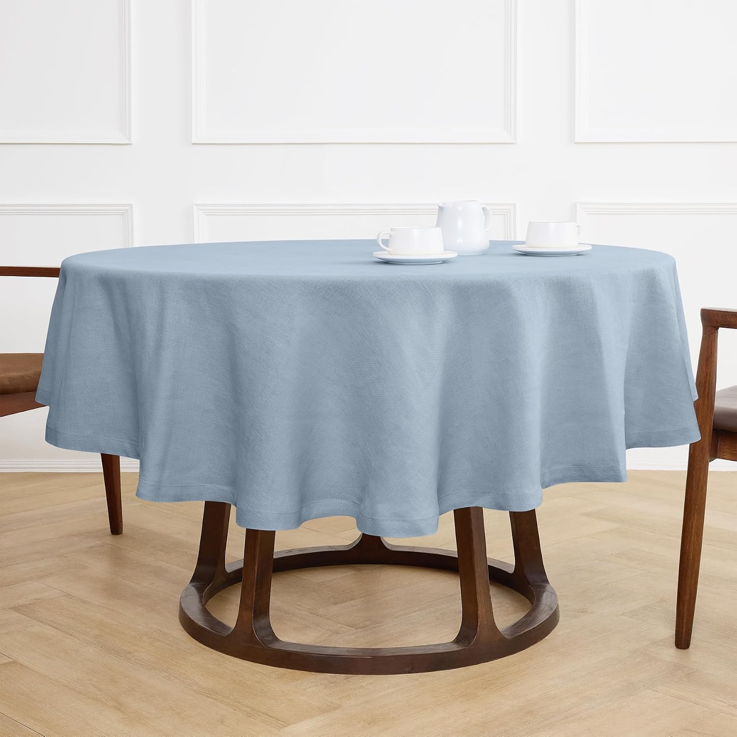 Solino Home Linen 60 Inch Round Tablecloth - 100% Pure Linen Dusty Blue Round Tablecloth - Machine Washable Table Cloth for Summer - Sonoma