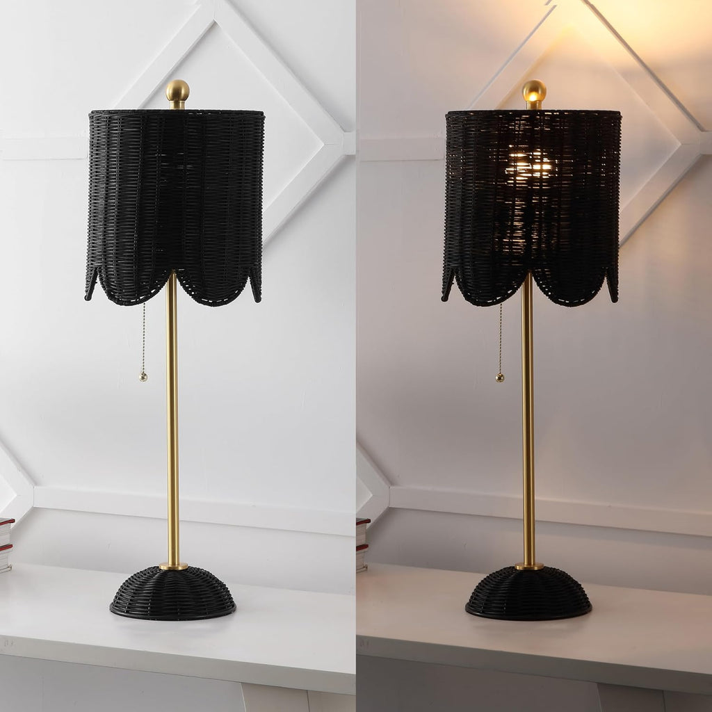 JONATHAN Y 27.5' Black/Brass Gold Coastal Buffet Table Lamp Set of 2 for Bedroom, Boho Table Lamps with Natural Rattan Scalloped Shade, Pull Chain, LED Bulbs Included (JYL1138C-SET2)