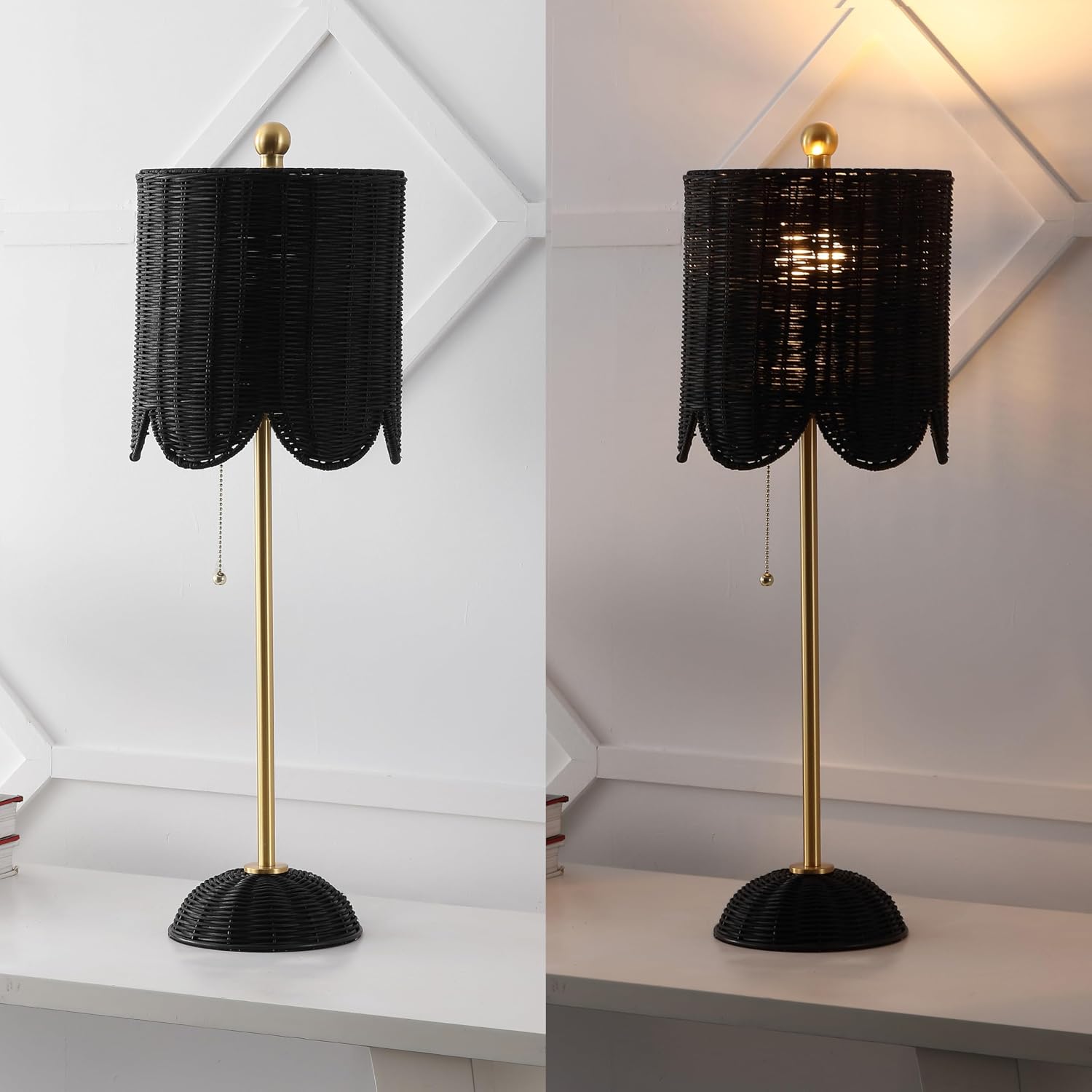 JONATHAN Y 27.5' Black/Brass Gold Coastal Buffet Table Lamp Set of 2 for Bedroom, Boho Table Lamps with Natural Rattan Scalloped Shade, Pull Chain, LED Bulbs Included (JYL1138C-SET2)